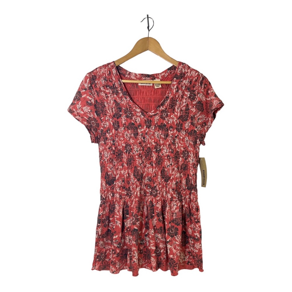 DKNY Jeans Floral V Neck Smocked Short Sleeve Top SZ 14
